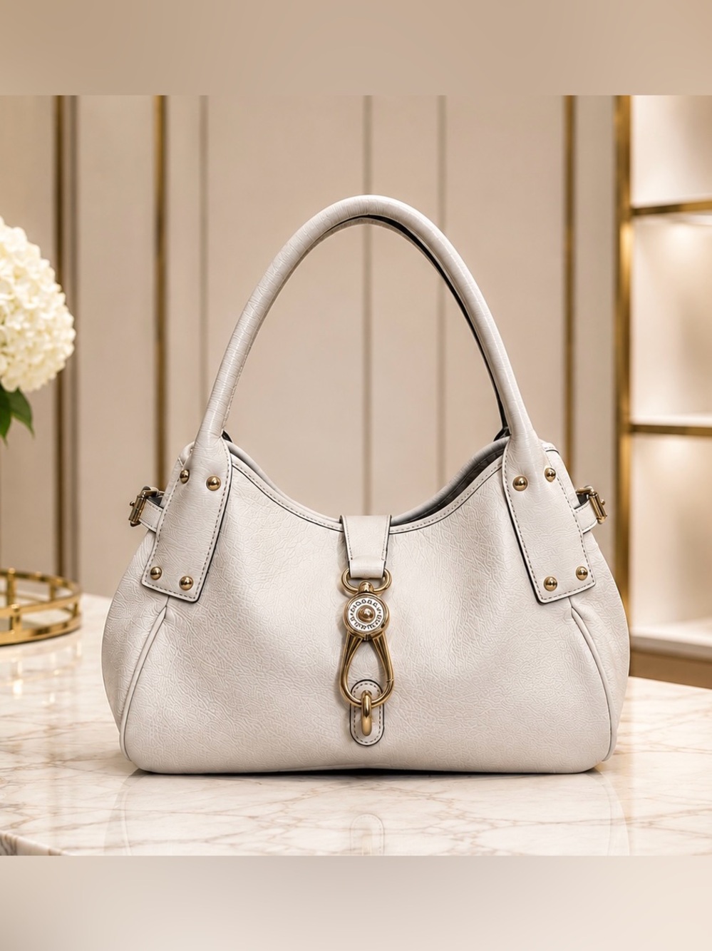 Dooney & Bourke Ivory Pebbled Leather Shoulder Bag with Gold Hardware! EUC!!